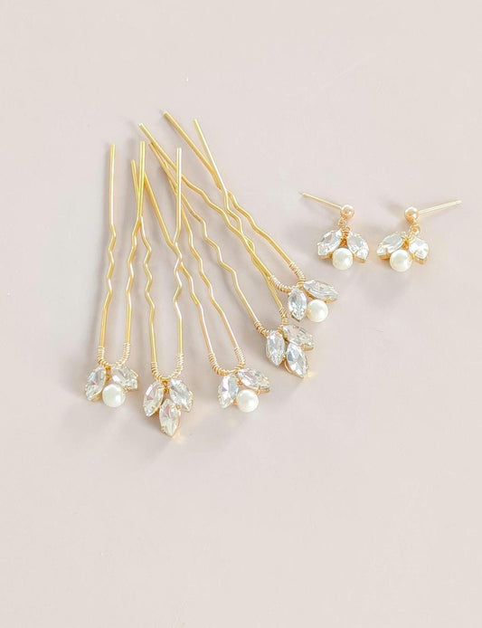 Chloe + Ava Jewelry Set - Crystal & Pearl Hair Pins with Matching Earrings