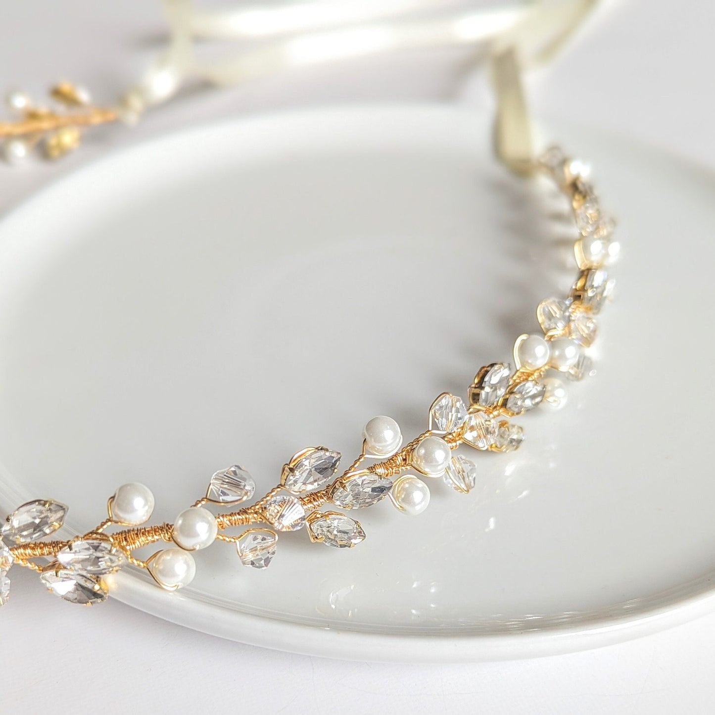 Charlotte - Bridal Crystal Headpiece With Ribbon (14")