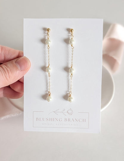 Elle - Dainty Pearl Bridal Earring Long Wedding Jewelry