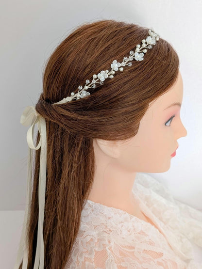 Rosalie - Floral Pearl Ribbon Tie Hair Piece (14")