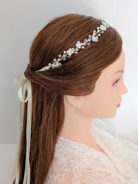 Rosalie - Floral Pearl Ribbon Tie Hair Piece (14")