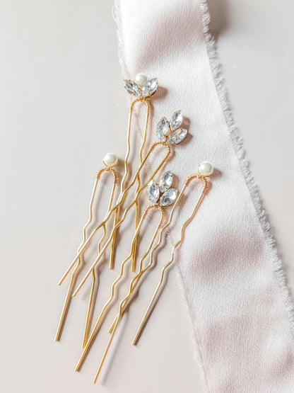 Celeste - Crystal & Pearl Hair Pin Set (5)