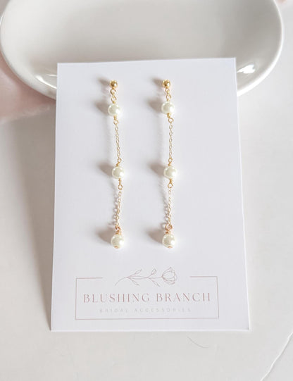 Elle - Dainty Pearl Bridal Earring Long Wedding Jewelry