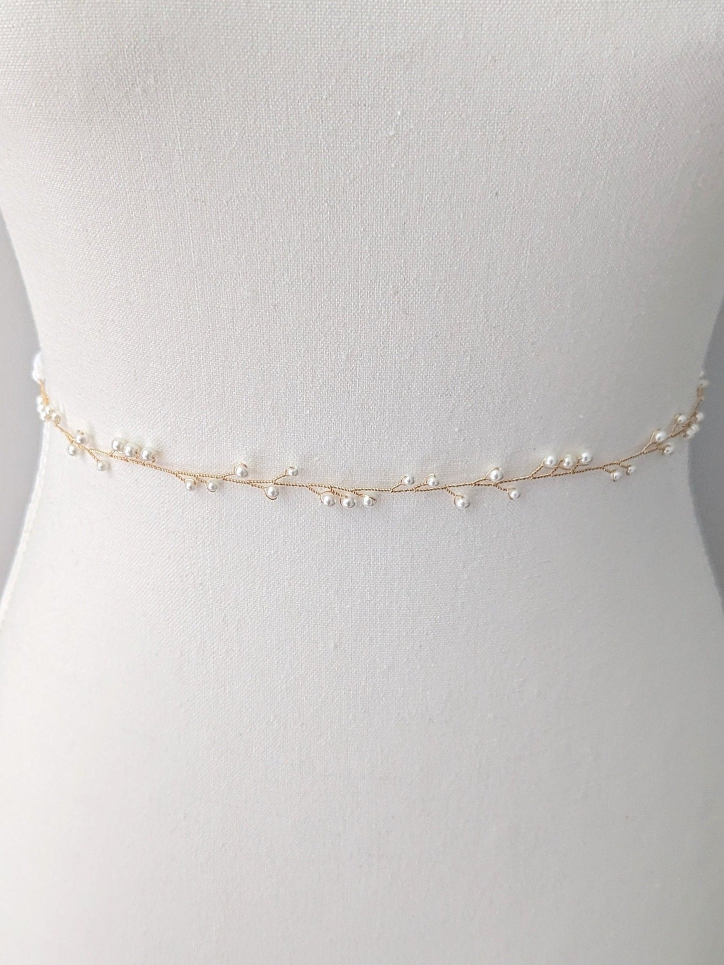 Cora - Delicate Pearl Vine Wedding Sash with Ribbon Tie (20")