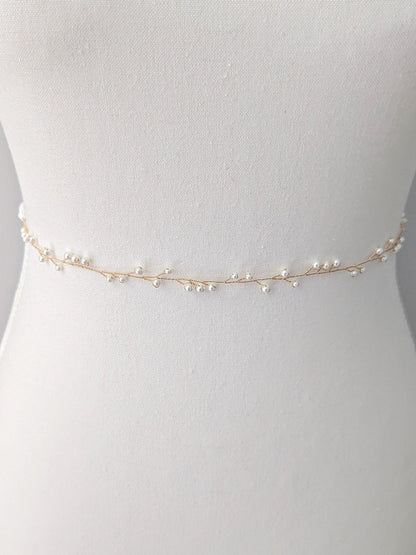 Cora - Delicate Pearl Vine Wedding Sash with Ribbon Tie (20")