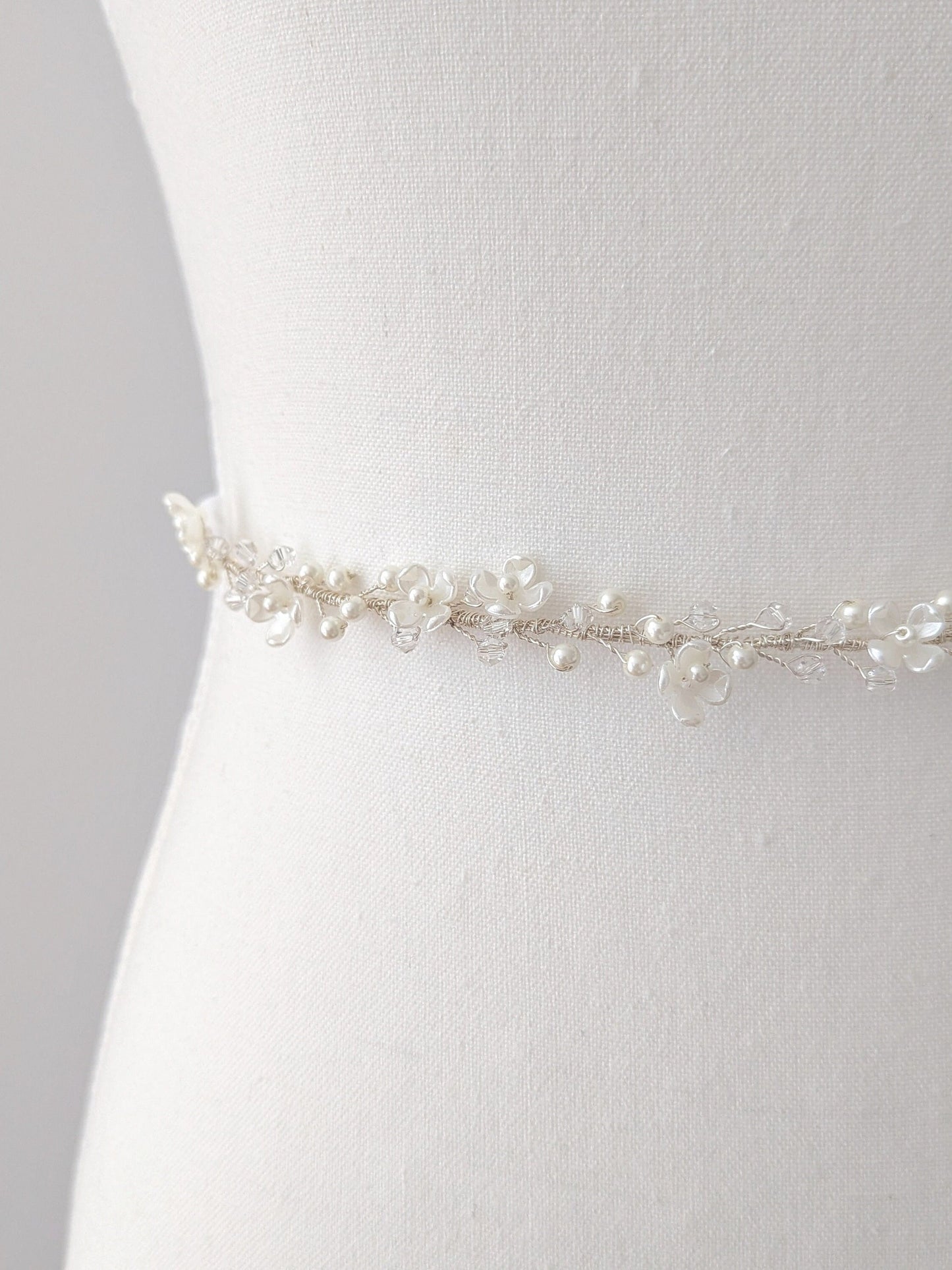 Rosalie - Thin Pearl & Floral Crystal Bridal Belt (18"-30")