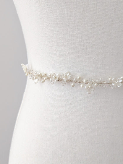 Rosalie - Thin Pearl & Floral Crystal Bridal Belt (18"-30")