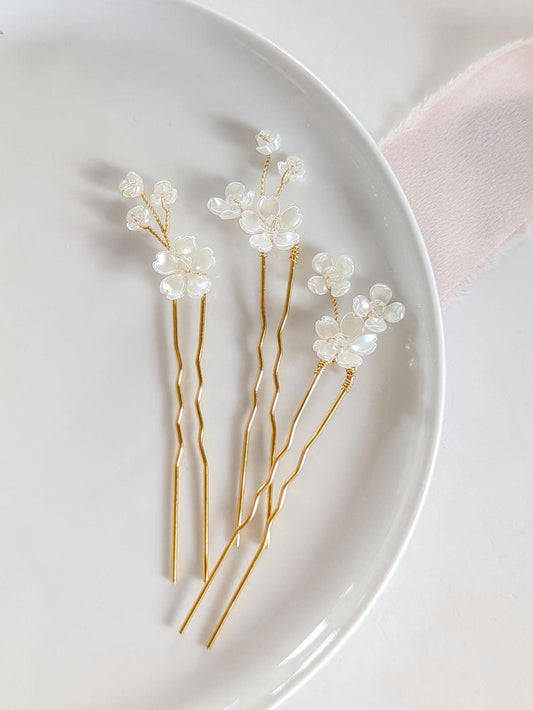 Posie - Delicate Floral & Crystal Hair Pins (Set of 3)