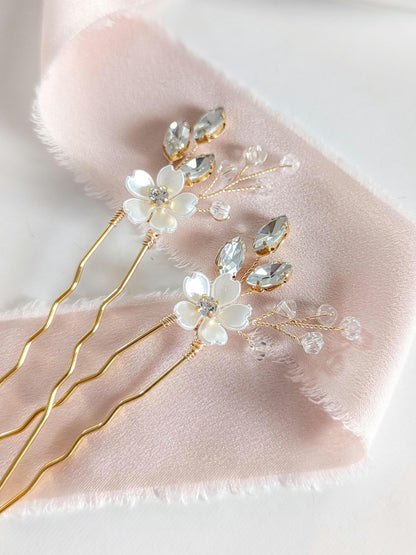Poppy - Flower and Crystal Bridal Hair Pins (Set of 1-6)