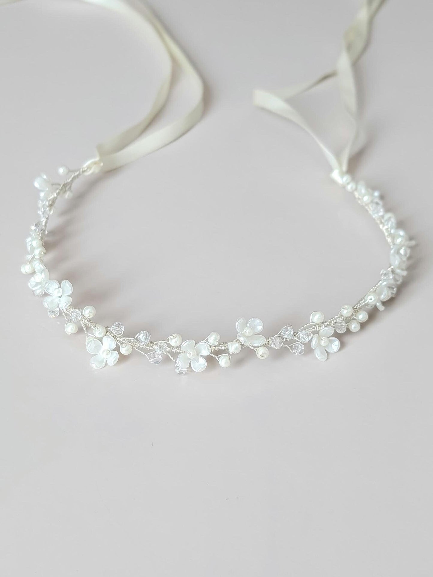 Rosalie - Thin Pearl & Floral Crystal Bridal Belt (18"-30")