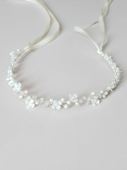 Rosalie - Thin Pearl & Floral Crystal Bridal Belt (18"-30")