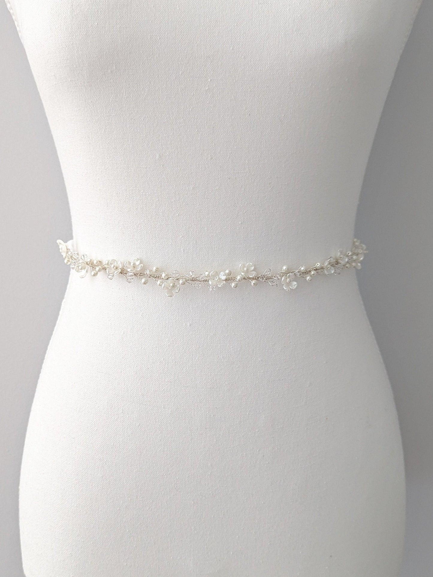 Rosalie - Thin Pearl & Floral Crystal Bridal Belt (18"-30")