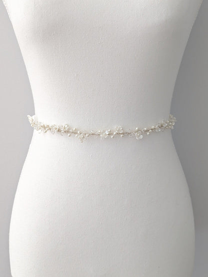 Rosalie - Thin Pearl & Floral Crystal Bridal Belt (18"-30")