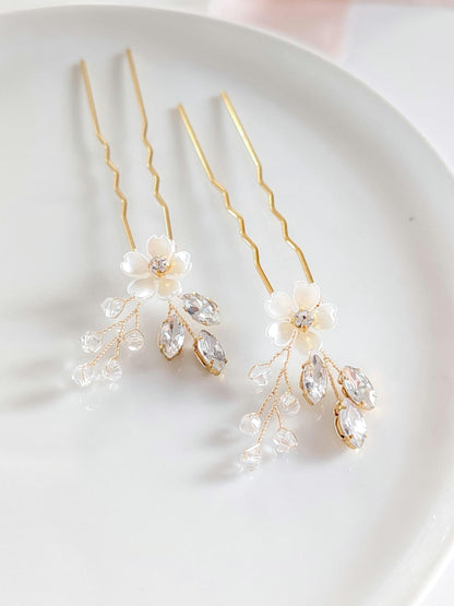 Poppy - Flower and Crystal Bridal Hair Pins (Set of 1-6)