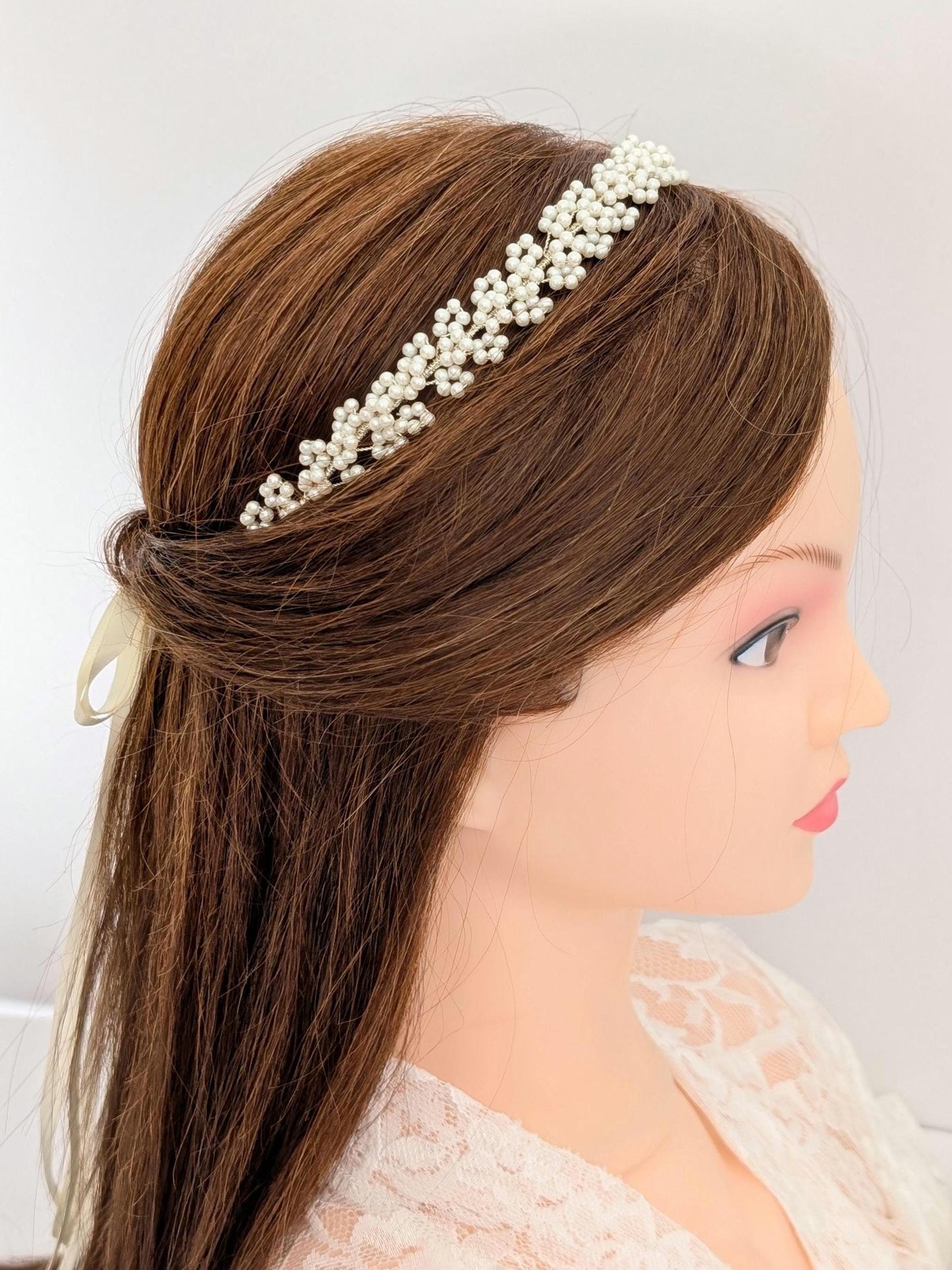 Sylvie - Baby’s Breath Pearl Ribbon Tie Headband (14")
