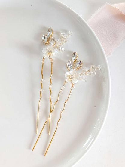 Poppy - Flower and Crystal Bridal Hair Pins (Set of 1-6)