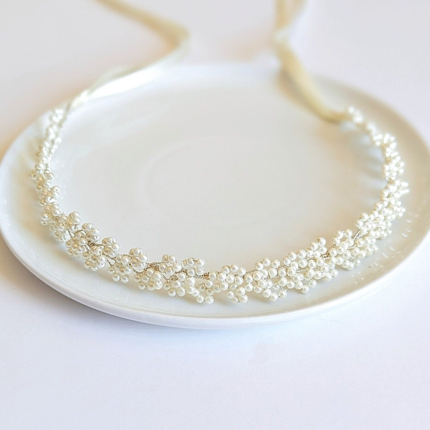 Sylvie - Baby’s Breath Pearl Ribbon Tie Headband (14")
