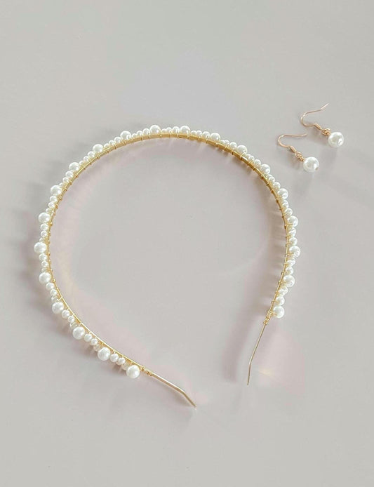 Kate & Anna Set - Dainty Pearl Headband and Pearl Drop Earrings
