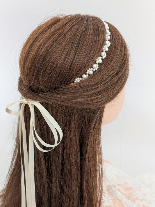 Lexi - Pearl Ribbon Tie Headband (14")